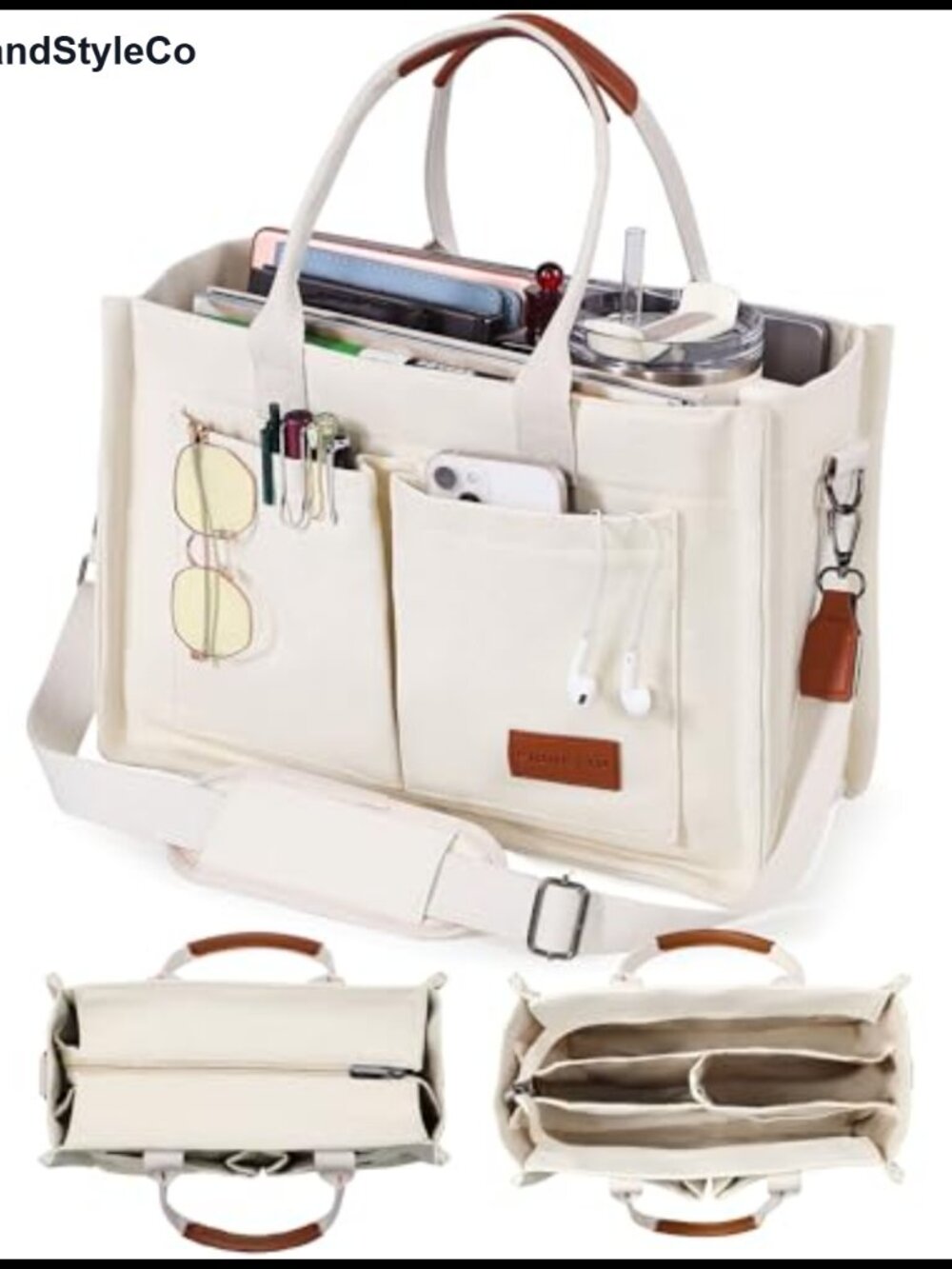 Canvas Tote Bag Women Work College Laptop Compartments Zipper